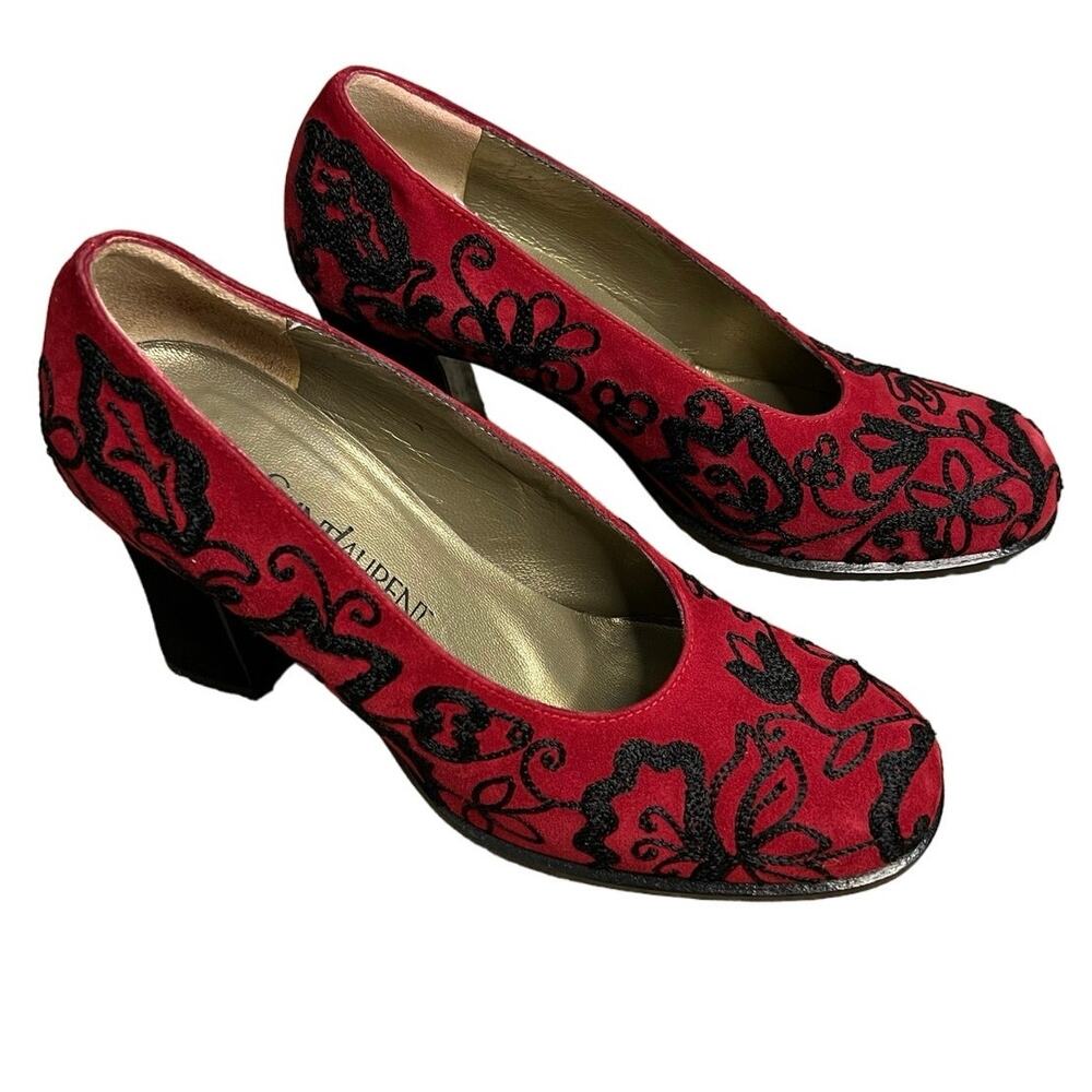 YSL Yves Saint Laurent Red Embroidery Black Suede Pump Sz 6